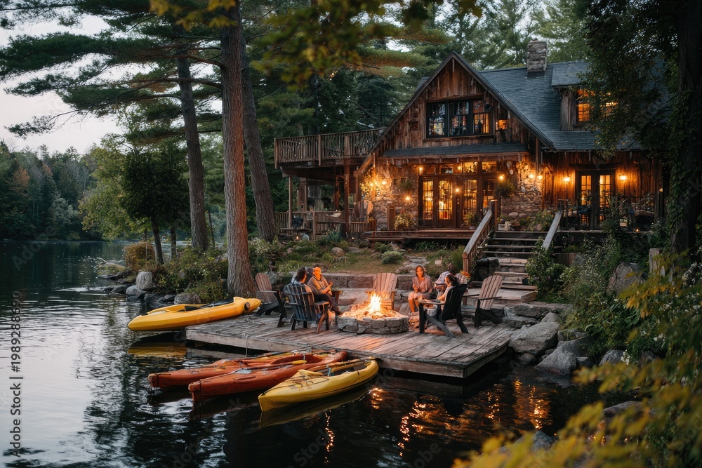Obraz premium A cozy lakeside cabin glows with warm light as friends gather around a crackling fire on a wooden dock.