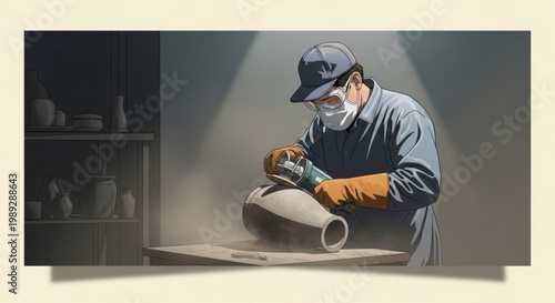 Potter wearing mask and gloves sanding a clay vase with a power tool dust particles in the air workshop scene