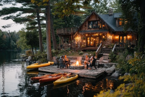 A cozy lakeside cabin glows with warm light as friends gather around a crackling fire on a wooden dock.
