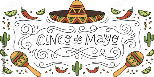 Hand drawn Cinco de Mayo doodle background with sombrero maracas chili peppers and lime wedges for festive celebration.