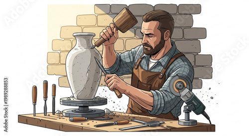 Bearded craftsman carving a vase with chisels and hammer detailed illustration of pottery and sculpture art workshop scene with tools and eq