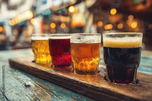 A selection of craft beers in various shades sits on a weathered wooden board, showcasing a vibrant array of colors and textures against a blurred, warm-toned background.