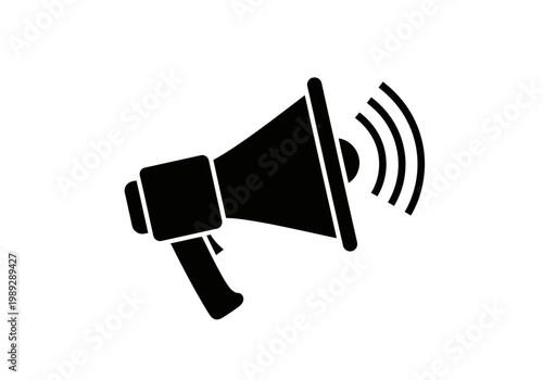 Megaphone Icon - Black Silhouette Bullhorn with Sound Waves Isolated on White - Marketing, Communication, and Announcement Symbol