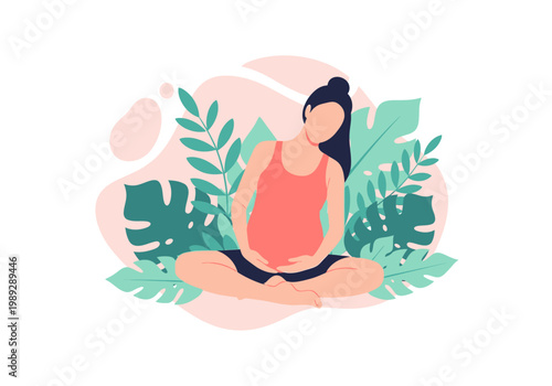 Minimalist Illustration of a Pregnant Woman Meditating with Tropical Leaves for Prenatal Wellness and Motherhood Concept