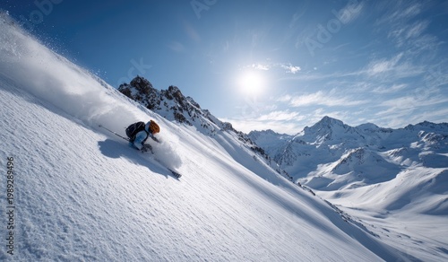 A skier carves through a pristine, snow-covered mountain slope under a bright, clear sky, showcasing the thrill and beauty of winter sports in a breathtaking alpine landscape.