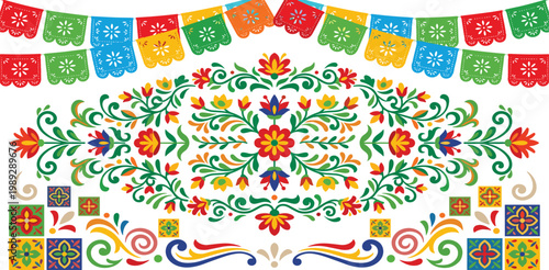Intricate Mexican folk art background featuring symmetrical floral embroidery patterns vibrant marigolds and colorful papel picado banners for fiesta celebrations.