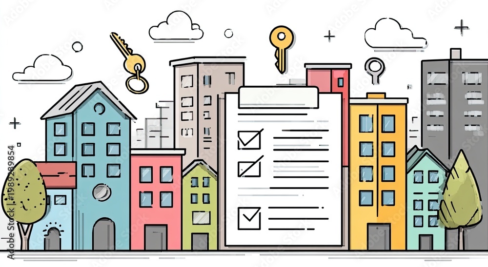 Obraz premium Checklist and keys above colorful buildings, concept of real estate and success