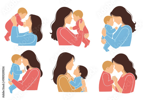 Collection of Mother and Baby Illustrations - Minimalist Flat Vector Design for Motherhood, Maternity, and Parenting Bonding