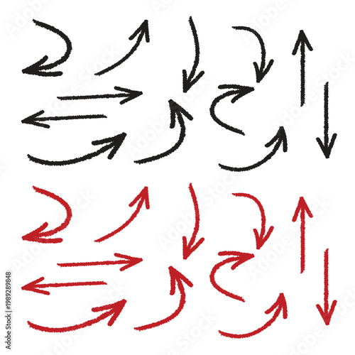 Grungy Hand Drawn Doodle Black and Red Curved Arrow Set, Vintage Rough Sketch Directional Arrows Collection with Straight, Up, Down, Left, Right and Circular Arrows for Infographic, Flowchart.