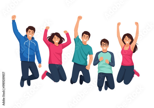 Diverse Group of Happy Young People Jumping Together in Celebration of Success and Victory