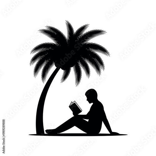 Silhouette of a person reading a book under a palm tree on a beach.