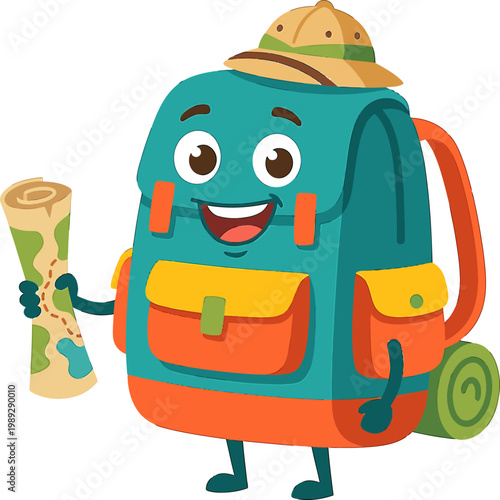Cartoon backpack character with map and hat, ready for an adventure
