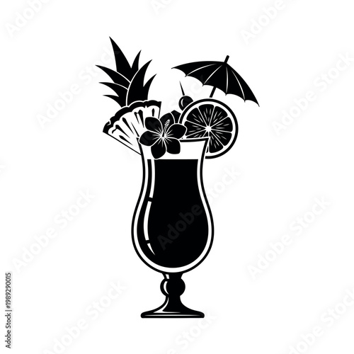 Tropical Cocktail Drink Silhouette with Pineapple and Umbrella.