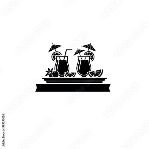 Two Tropical Cocktails with Fruit and Umbrellas.