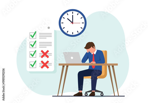 Stressed Businessman Working at Desk with Laptop and Large Clock Illustrating Time Management, Deadline Pressure, and Task Completion Challenges