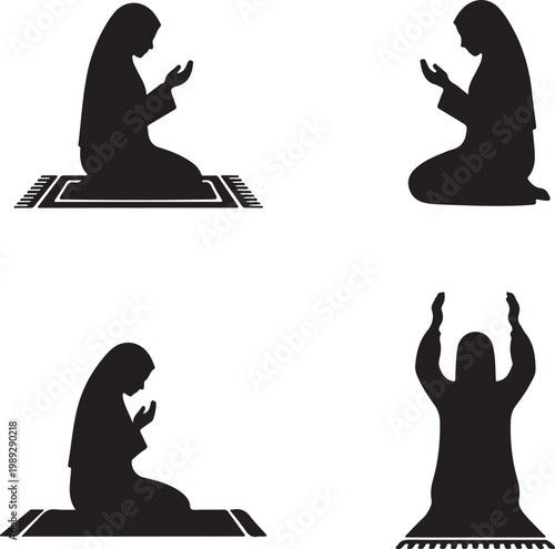 Muslim woman in prayer positions on mat, islamic silhouettes praying prayer mat