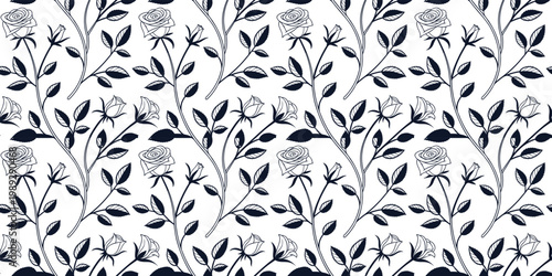 Seamless black and white floral pattern with delicate leaves and branches. Minimal botanical design for modern backgrounds, textiles, and wallpaper. Elegant repeating nature motif for print and 