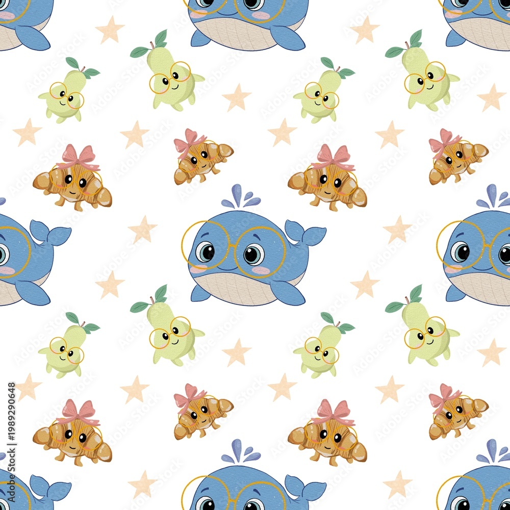 Naklejka premium Seamless pattern with cute whale in glasses and stars, nursery marine background.