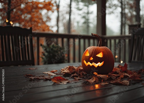 Spooky Jack O Lantern Halloween Pumpkin Glowing on Wooden Table with Autumn Leaves.