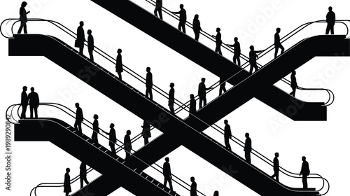 People silhouettes on escalators crossing in modern urban setting, black and white illustration of commuting crowd, busy city lifestyle, movement, direction, public transportation concept