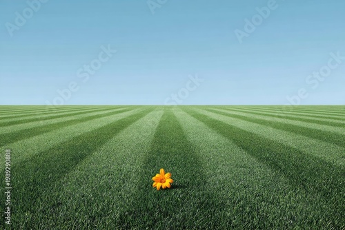 A solitary yellow flower stands prominently in the center of a meticulously manicured, expansive green lawn under a clear, pale blue sky, creating a striking contrast and a sense of serene isolation.