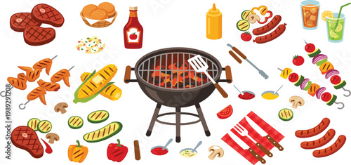 Outdoor Barbecue Picnic Collection Featuring Round Grill Steaks Sausages Corn Skewers Vegetables Sauces And Summer Drinks For Backyard Party Vector Illustration