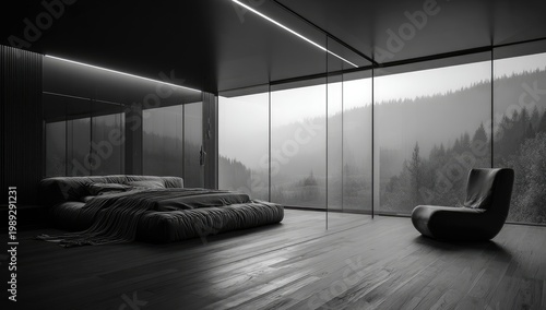 Modern minimalist bedroom with forest view