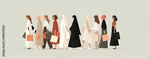 A line of diverse women stroll along, each carrying shopping bags and showcasing a variety of styles and cultural attire.