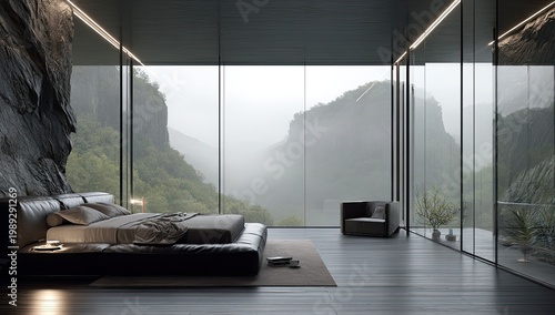 Modern bedroom with floor-to-ceiling windows overlooking mountains