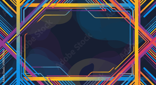 Abstract Geometric Frame with Vibrant Neon Lines and Dark Background