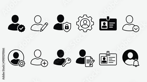 Comprehensive set of user profile and account management icons featuring verified member, edit avatar, secure login with shield, setting gear, ID card, add friend, and notification bell.