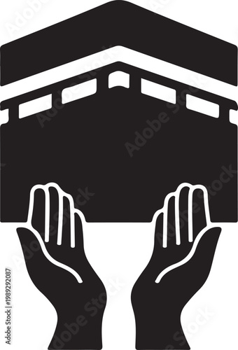 Silhouette of hands holding the kaaba, a sacred islamic cube-shaped building white background, transparent background