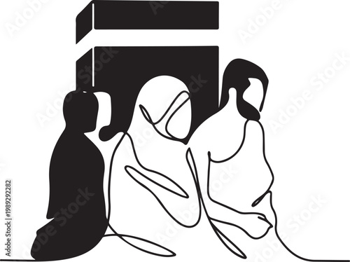 Silhouette of three pilgrims and the kaaba transparent background, white background