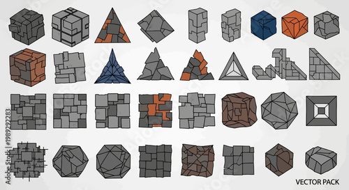 Set of Isometric Stone and Rock Geometric Shapes Vector Pack