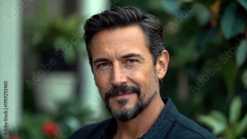 Man with beard posing calmly in leafy outdoor environment