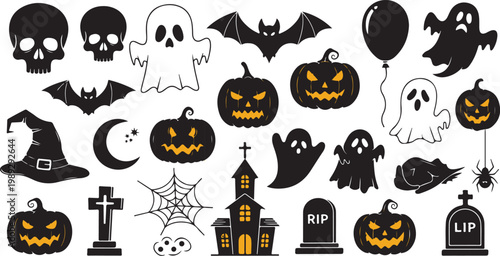 Halloween icons, black, 25 spooky symbols, vector graphics isolated on Transparent Background