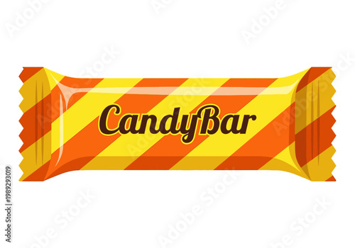 Cartoon Candy Bar Illustration in Yellow and Orange Striped Wrapper - Vector Flat Design Snack Icon