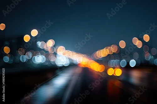 A long, dark road stretches into the distance, illuminated by vibrant bokeh lights creating an abstract and atmospheric scene.