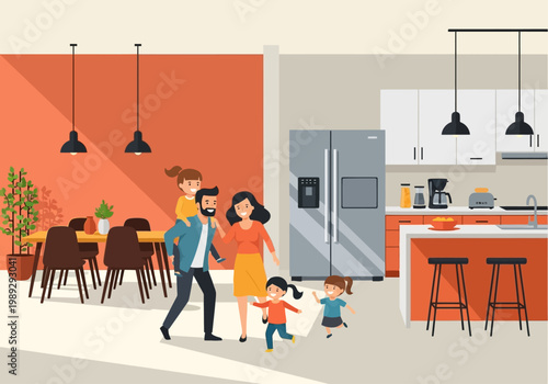 Happy Family with Children in Modern Kitchen Interior Illustration for Parenting and Real Estate