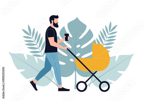 Modern Dad Pushing a Baby Stroller and Holding Coffee Vector Illustration - Bearded Father on a Walk with Infant Carriage and Tropical Leaf Background