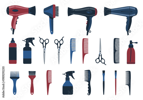 Professional Hair Salon and Barber Shop Tool Icon Set - Hair Dryers, Scissors, Combs, and Styling Equipment Flat Vector Illustration