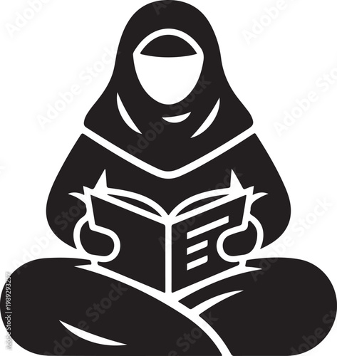 Woman in hijab reading a book, sitting cross-legged