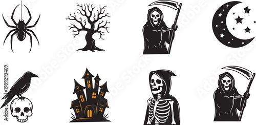 Halloween icons, spooky symbols, black vector set, creepy characters isolated on Transparent Background