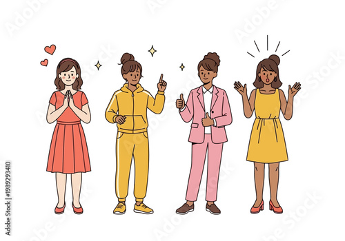 Diverse Women Character Set with Expressions and Gestures: Gratitude, Idea, Success, and Surprise Flat Vector Illustration