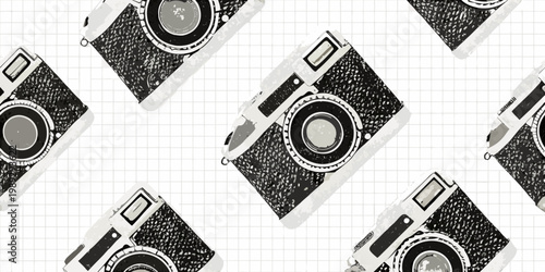 Repeating pattern of sketched vintage cameras on a grid background