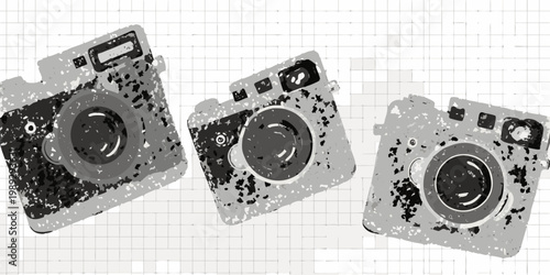 Three vintage cameras with distressed textures on a grid background