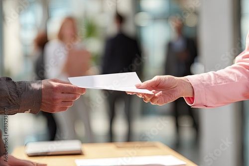A close-up shot depicts a person handing a document to another individual in a blurred office setting, suggesting a transaction or exchange of information.