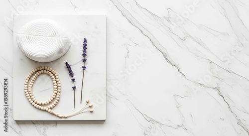 Crochet Bowl, Wooden Beads, and Lavender on Marble Background for Wellness and Spa Marketing Crochet