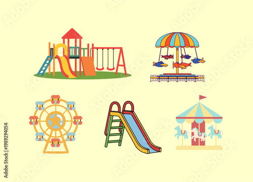 Set of colorful playground and amusement park attractions