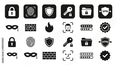 Comprehensive security and privacy icon collection featuring lock shield fingerprint VPN face recognition firewall and password symbols for digital data protection and cyber safety tool.